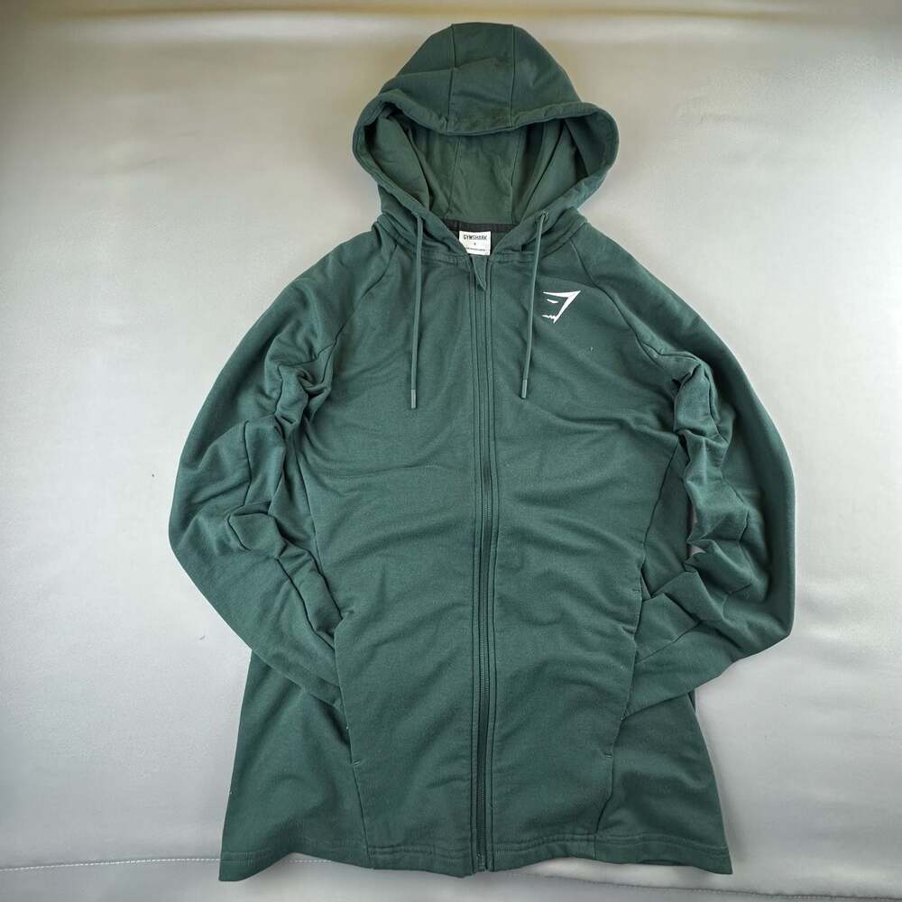 GymShark Men's Crest Full Zip Hooded Jacket Green Embroidered Logo Size Medium